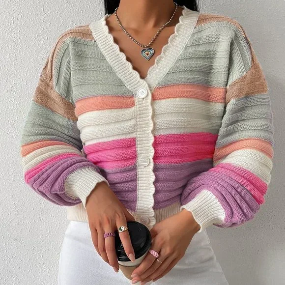 Multicolor Casual Womens Colorblock Scallop Trim Drop Shoulder Cardigan - Picture 3 of 5